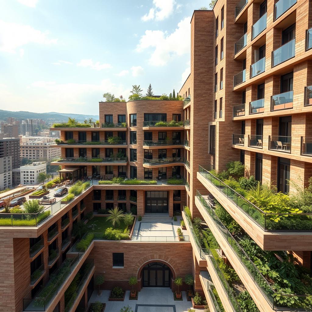 A stunning and eye-catching view of a 20-story modern building that incorporates elements inspired by nature and Achaemenid architecture, located on the fourth and top floor