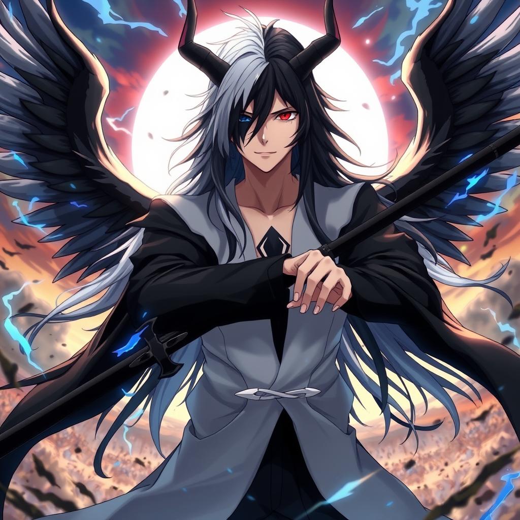 An anime character resembling a Soul Society Captain from Bleach, featuring long, flowing hair that is half black and half white