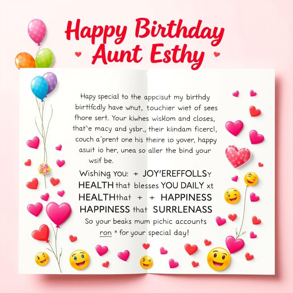 A beautifully designed birthday card featuring the heartfelt message addressed to Aunt Esthy