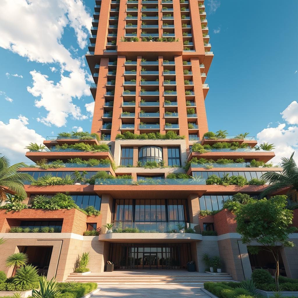 A stunning and captivating view of a 20-story tower designed in a modern avant-garde style, inspired by nature and Achaemenid architecture