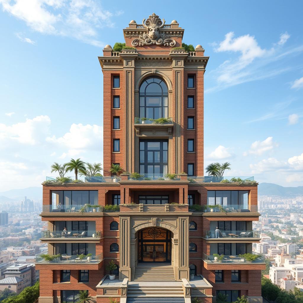 A stunning and captivating design of a modern 20-story skyscraper, inspired by the architecture of Persepolis, featuring a beautiful façade on the fourth and top floor