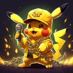 A stylized image of Pikachu, the Pokemon character, dressed in hip hop style with a golden chain, trendy hat, and holding a microphone