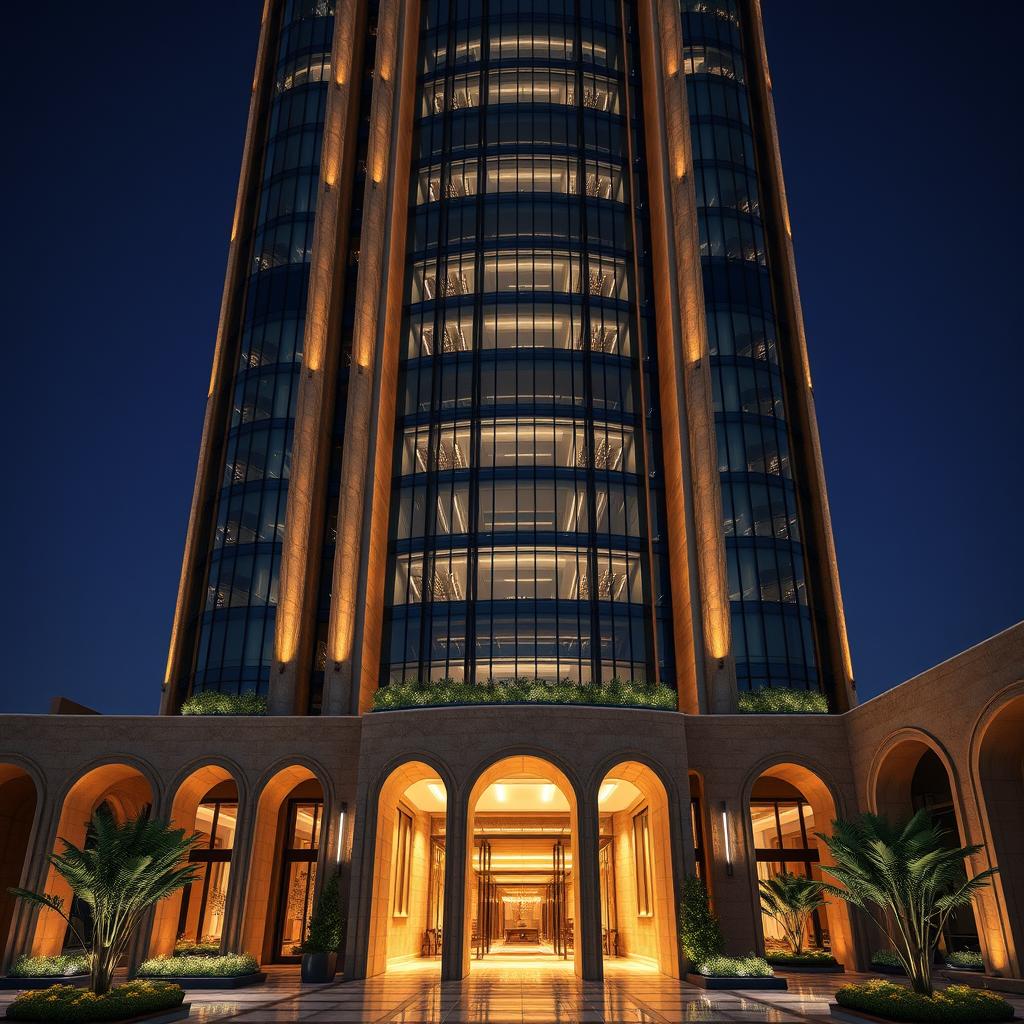 A magnificent and luxurious tower designed with a fusion of postmodern and traditional Iranian architecture, featuring curved lines inspired by Persepolis
