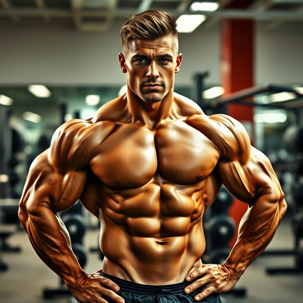 A muscular male bodybuilder showcasing his physique, posing confidently in a gym environment