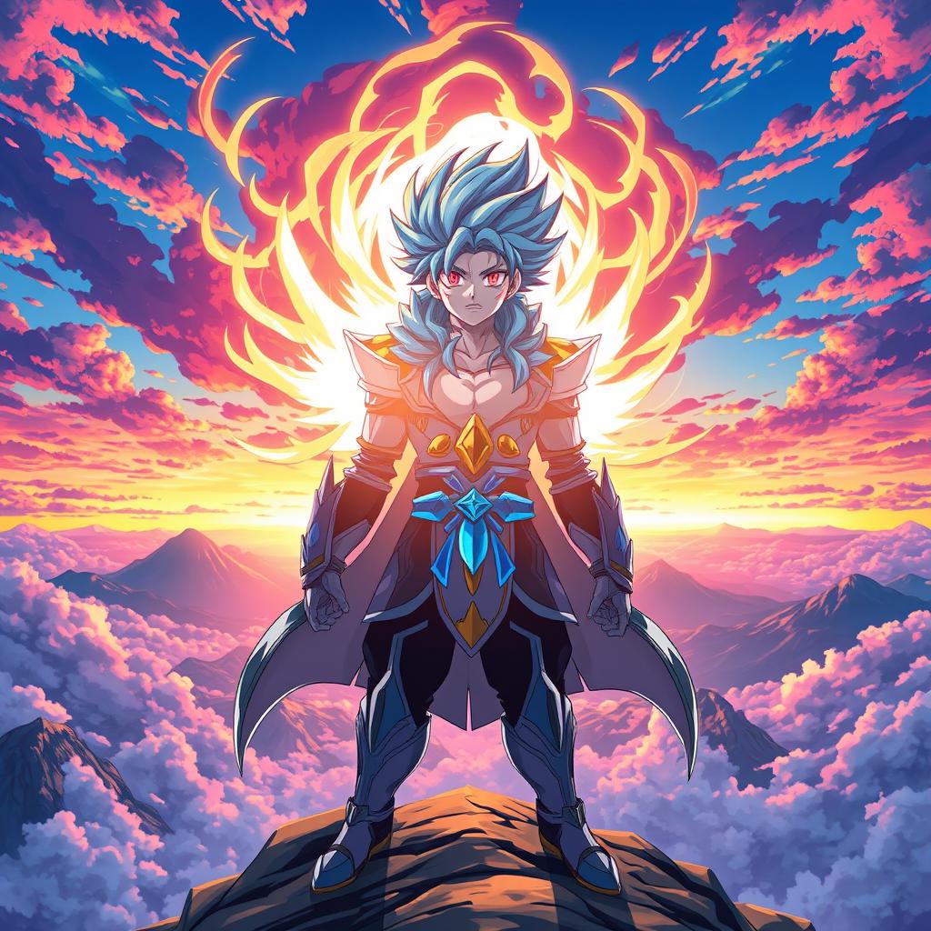 A vibrant, dynamic anime-style character transformation scene featuring a heroic figure with vibrant blue hair and strikingly detailed armor