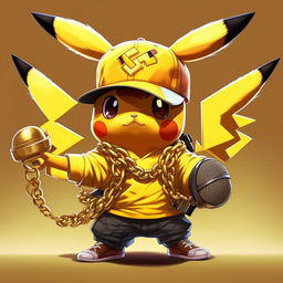 A stylized image of Pikachu, the Pokemon character, dressed in hip hop style with a golden chain, trendy hat, and holding a microphone