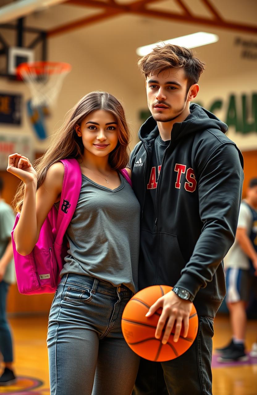 A beautiful and talented girl representing her school, showcasing her skills and charisma in a vibrant, lively school environment