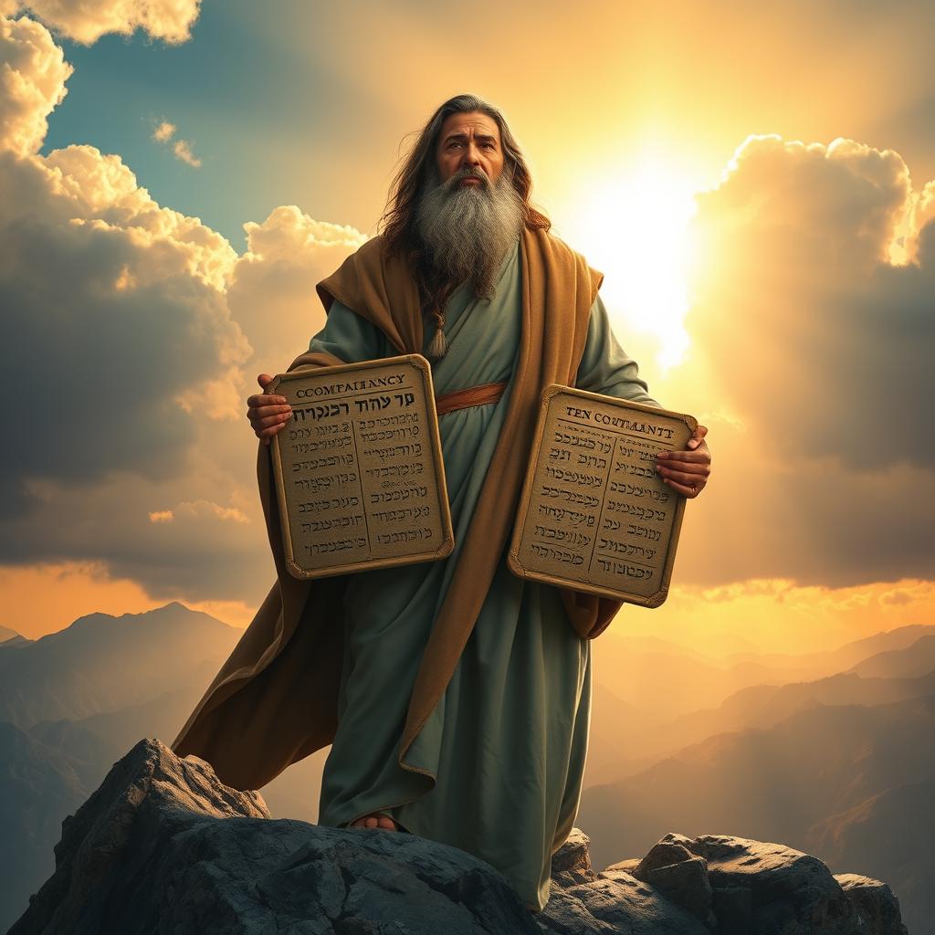 Moses standing tall atop a rocky mountain, holding the Ten Commandments tablets with a radiant light shining down upon him