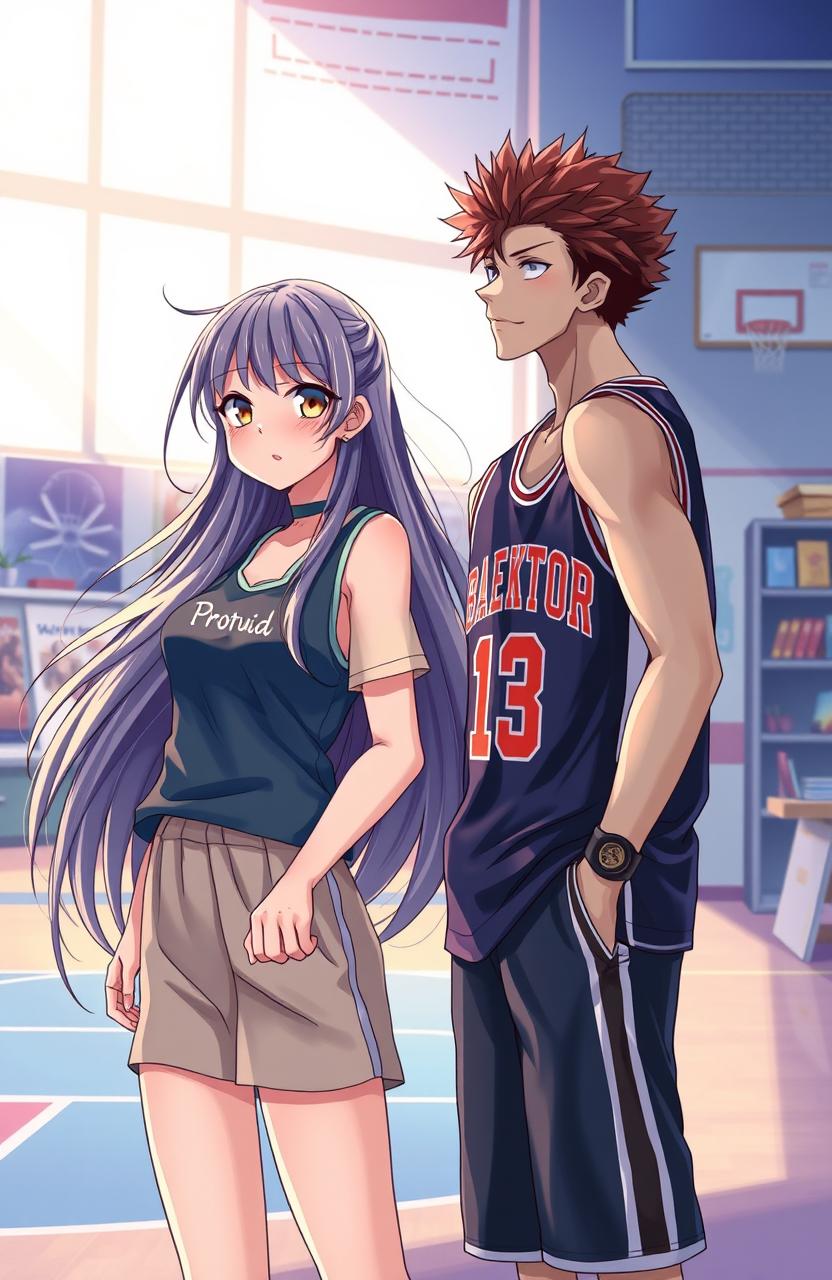 A beautiful high school girl with an artistic flair, proud of her school, contrasted with a badboy basketball captain who is also her ex-boyfriend, both in a colorful anime style