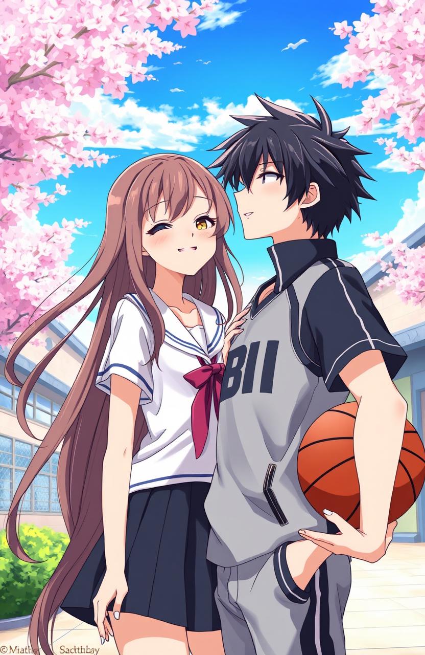 A stunning anime-style illustration featuring a beautiful high school girl, representing pride and talent, and a charming bad boy basketball captain who is secretly her ex-boyfriend