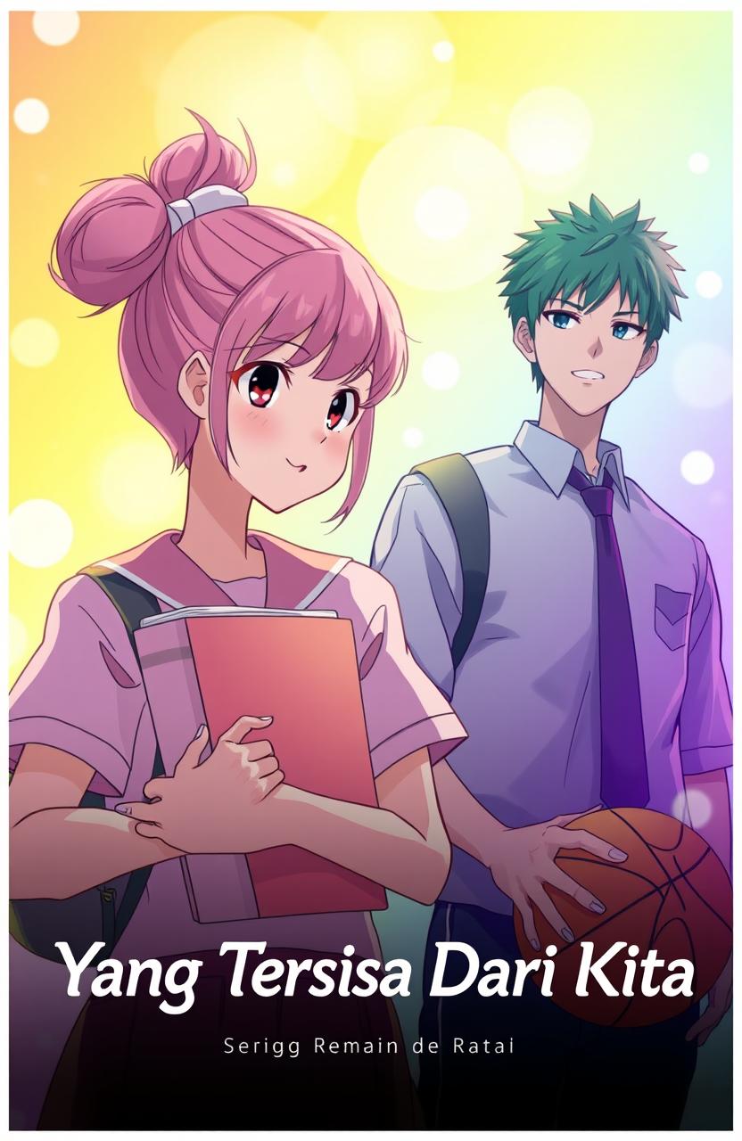 An anime-style image with a dreamy effect, featuring a high school girl who is talented and proud, holding a thick book tied with a hair tie