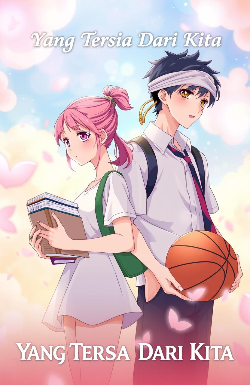 A beautiful girl, the pride of her school, and a badboy basketball captain, who is actually her ex-boyfriend, in a dreamy anime style poster titled "Yang Tersisa Dari Kita"