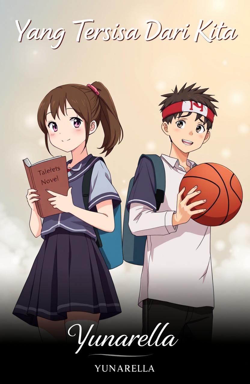 An anime-style poster for a film titled "Yang Tersisa Dari Kita" featuring a talented high school girl proudly holding a novel, with her hair tied in a ponytail using a pink hair tie