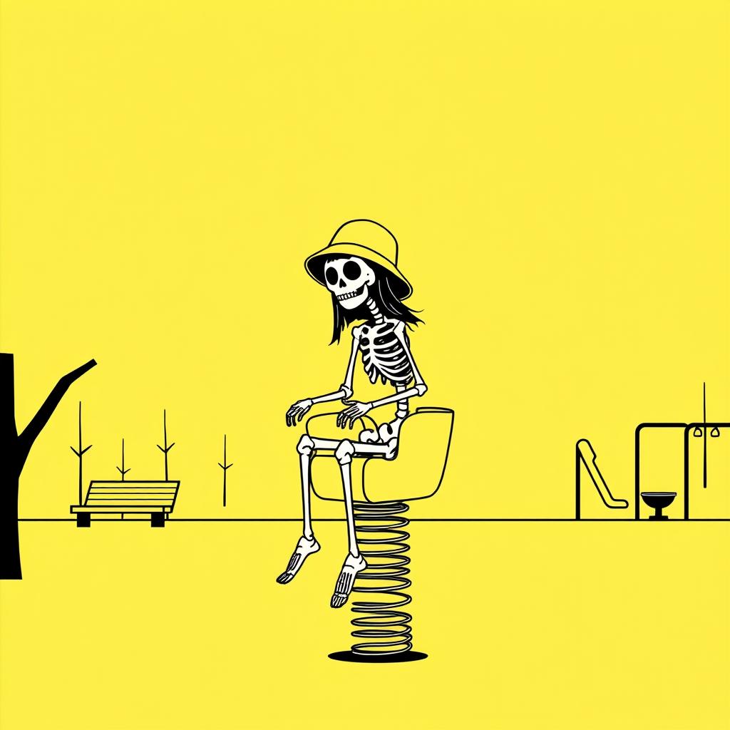 A minimalist monochromatic yellow album cover featuring a skeleton girl wearing a bucket hat, enjoying a spring ride at a park
