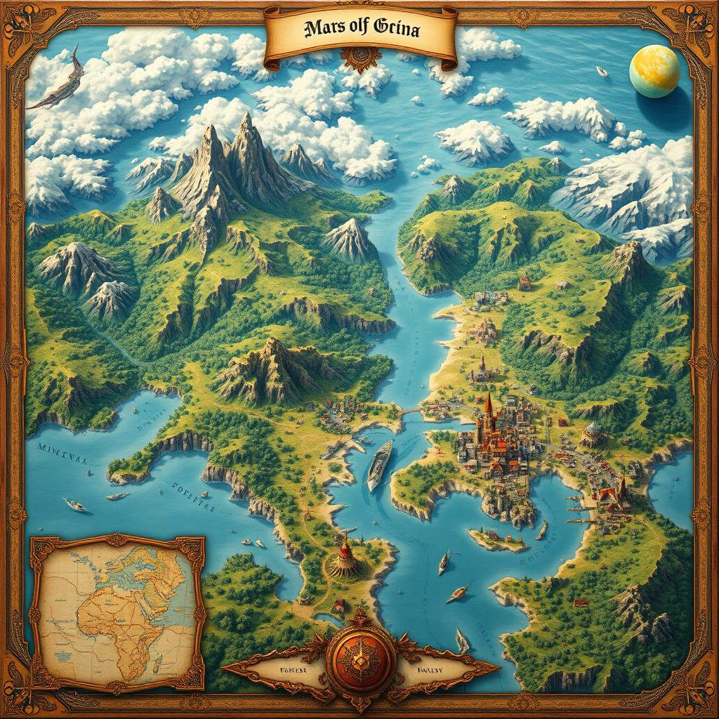 Aerial view of a large, beautifully rendered map depicting a fantasy world