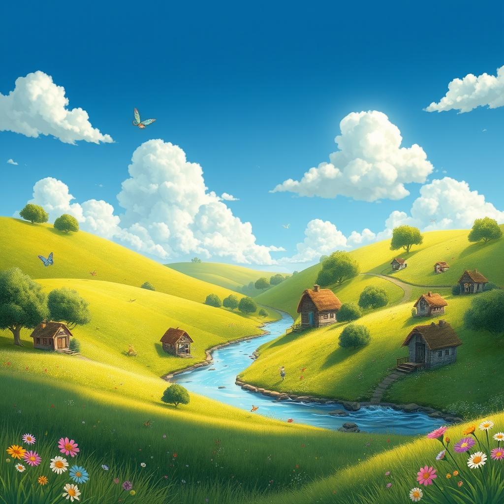 A whimsical landscape featuring rolling green hills under a bright blue sky with fluffy white clouds, small quaint houses with thatched roofs nestled among trees, and a winding river gently flowing through the scene