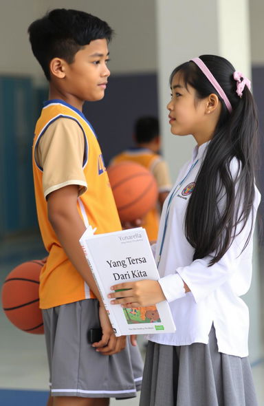 A girl wearing a white school uniform and gray skirt with long hair tied up in a pink hairband, holding a book titled "Yang Tersisa Dari Kita" by the author Yunarella in front of her