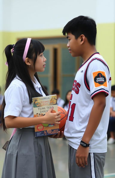 A girl wearing a white school uniform and gray skirt with long hair tied up in a pink hairband, holding a book titled "Yang Tersisa Dari Kita" by the author Yunarella in front of her