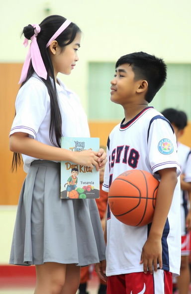 A girl wearing a white school uniform and gray skirt with long hair tied up in a pink hairband, holding a book titled "Yang Tersisa Dari Kita" by the author Yunarella in front of her