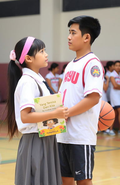 A girl wearing a white school uniform and gray skirt with long hair tied up in a pink hairband, holding a book titled "Yang Tersisa Dari Kita" by the author Yunarella in front of her