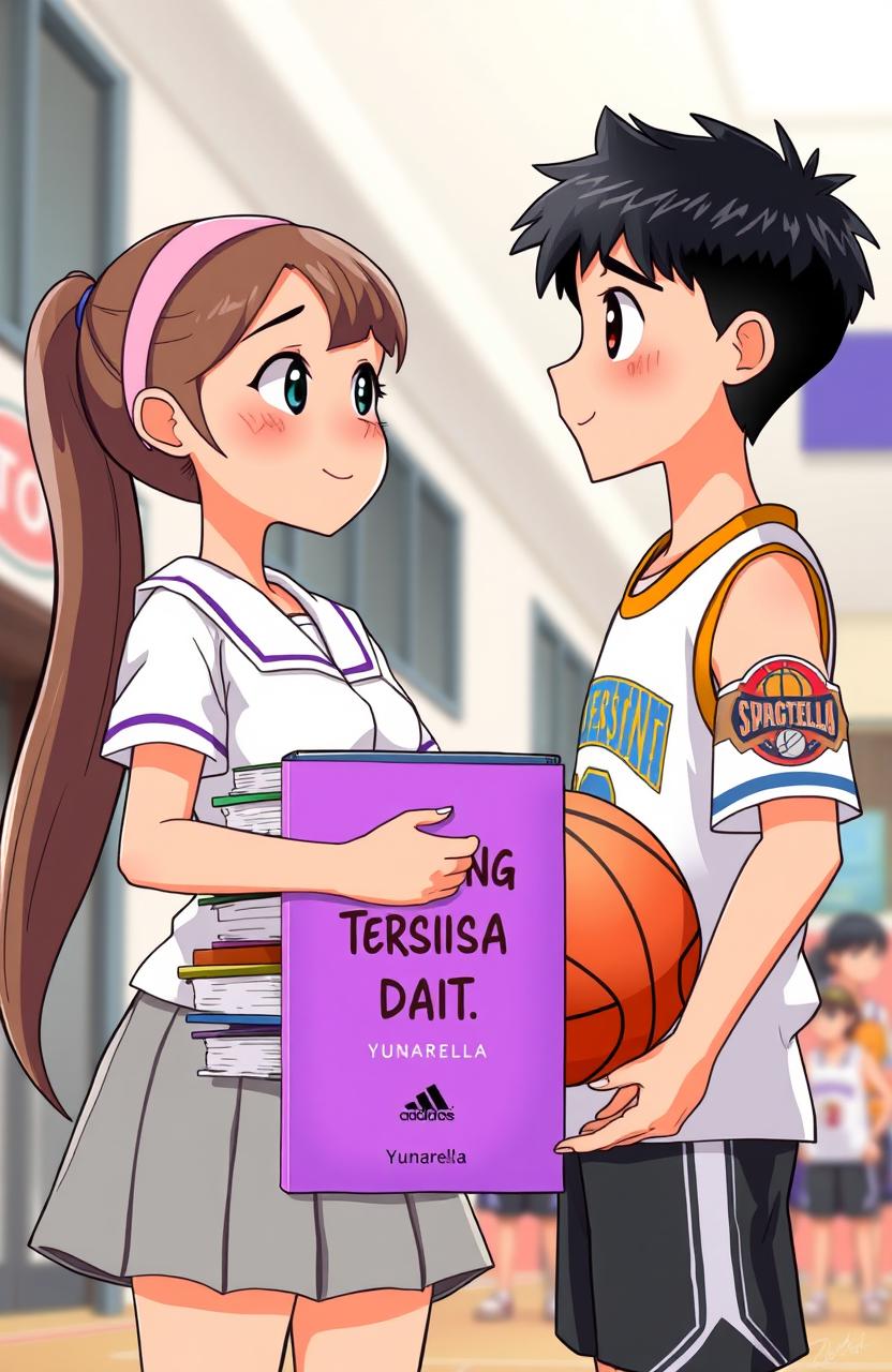 A girl in a white school uniform and grey skirt, with long hair tied back with a pink hairband, holding a stack of books in front of her