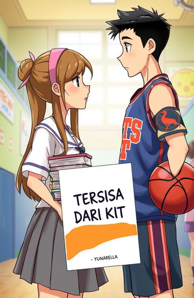 A girl in a white school uniform and grey skirt, with long hair tied back with a pink hairband, holding a stack of books in front of her