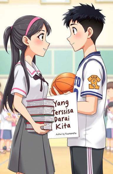 A girl in a white school uniform and grey skirt, with long hair tied back with a pink hairband, holding a stack of books in front of her