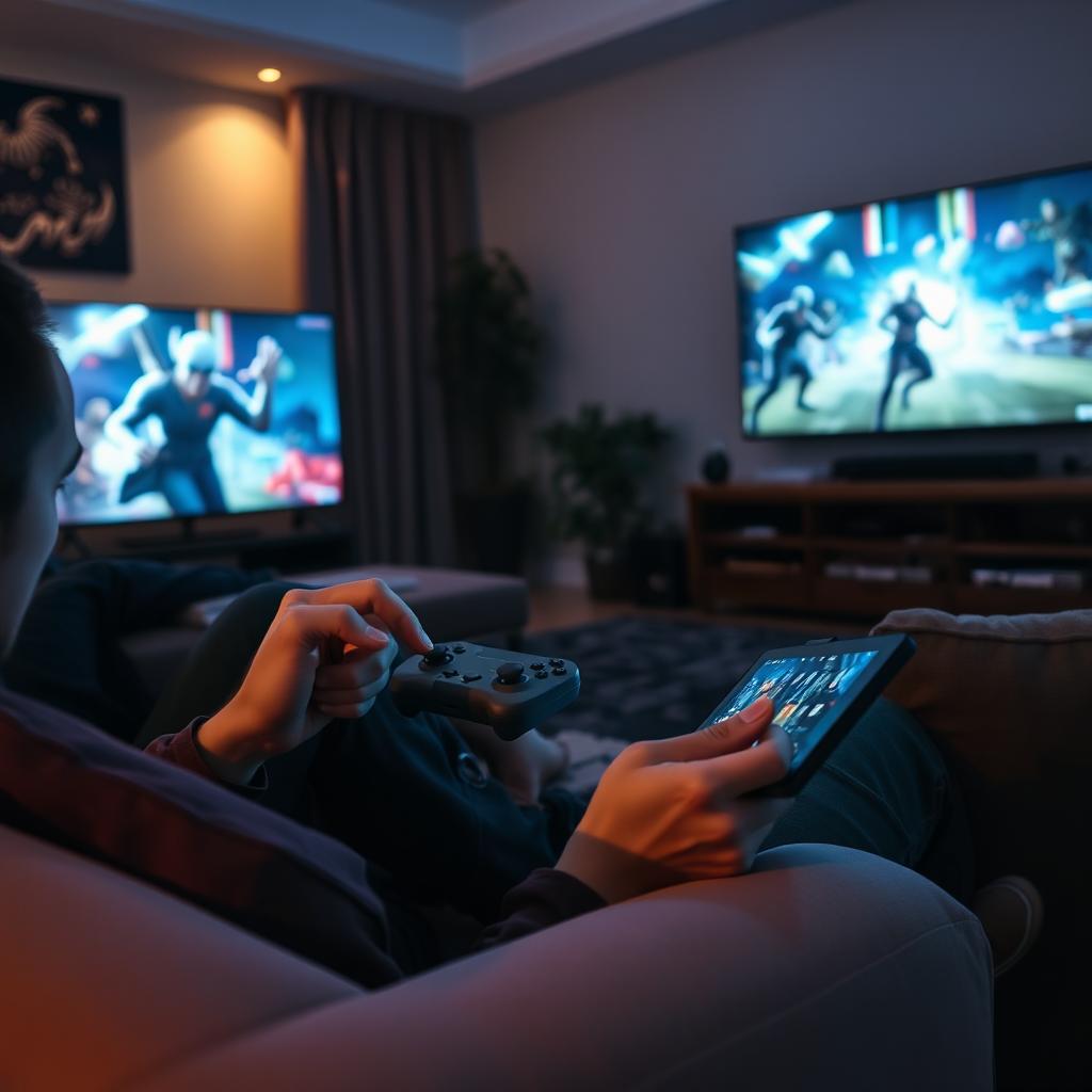 A person sitting comfortably on a sofa, using a tablet as a virtual game controller, with a living room environment filled with gaming paraphernalia