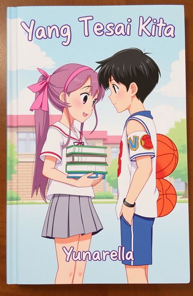 A beautiful animated book cover featuring a girl in a white school uniform and gray skirt, with long hair tied back with a pink hairband, holding a stack of books in front of her