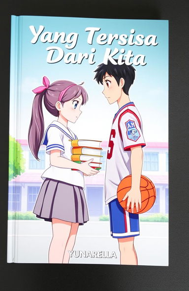 A beautiful animated book cover featuring a girl in a white school uniform and gray skirt, with long hair tied back with a pink hairband, holding a stack of books in front of her