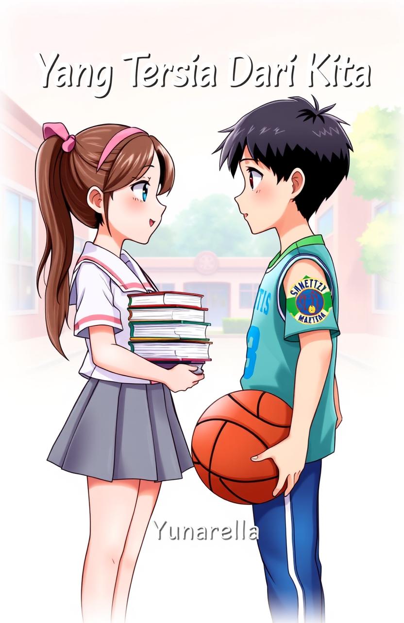 A beautiful animated book cover featuring a girl in a white school uniform and gray skirt, with long hair tied back with a pink hairband, holding a stack of books in front of her