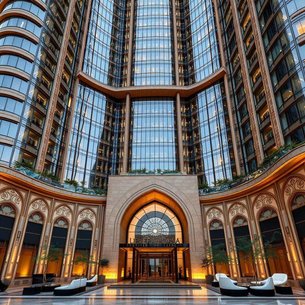 A magnificent and luxurious high-rise building design, blending post-modern and traditional Persian architecture with curved lines inspired by Persepolis