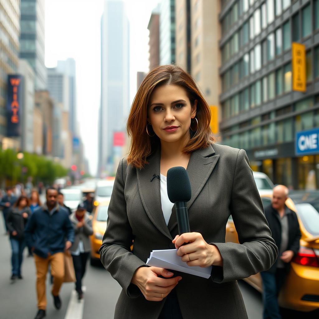 A news reporter standing in front of a busy city backdrop, wearing a smart blazer and holding a microphone
