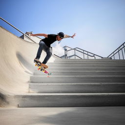 Professional skateboarder Nyjah Huston performing a boardslide trick down a long, concrete stair set.