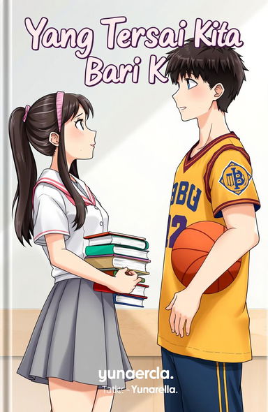 A young woman in a white school uniform and gray skirt with long hair tied back with a pink hairband, holding a stack of books in front of her