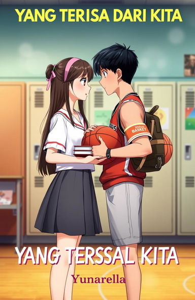 A scene depicting a girl in a white school uniform with a gray skirt, her long hair tied with a pink hairband, holding a stack of books in front of her