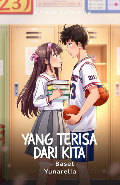 A scene depicting a girl in a white school uniform with a gray skirt, her long hair tied with a pink hairband, holding a stack of books in front of her