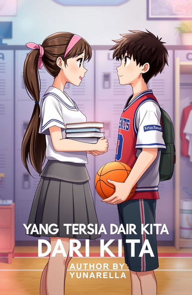 A scene depicting a girl in a white school uniform with a gray skirt, her long hair tied with a pink hairband, holding a stack of books in front of her