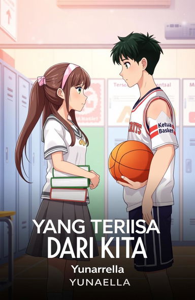 A scene depicting a girl in a white school uniform with a gray skirt, her long hair tied with a pink hairband, holding a stack of books in front of her