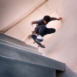 Professional skateboarder Nyjah Huston performing a boardslide trick down a long, concrete stair set.