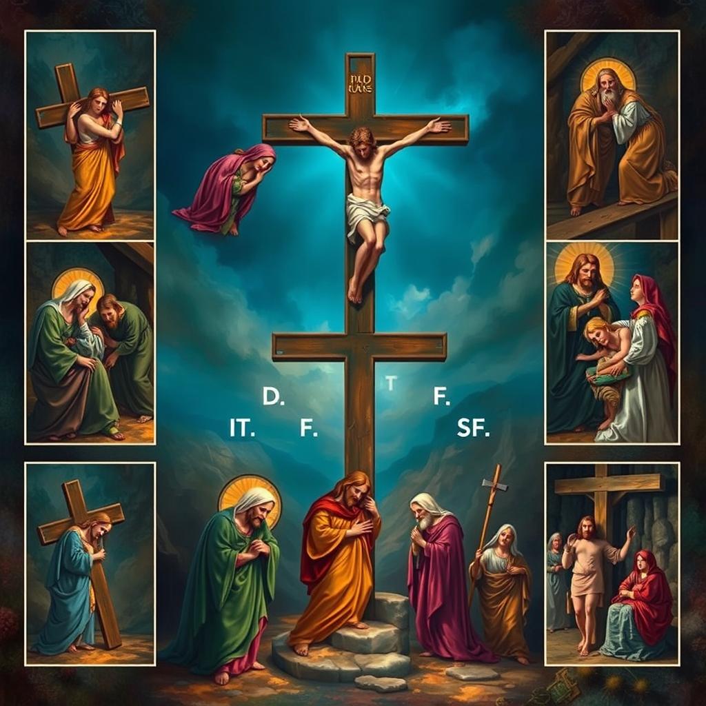A serene and contemplative depiction of the Stations of the Cross, showcasing each of the 14 stations artistically represented