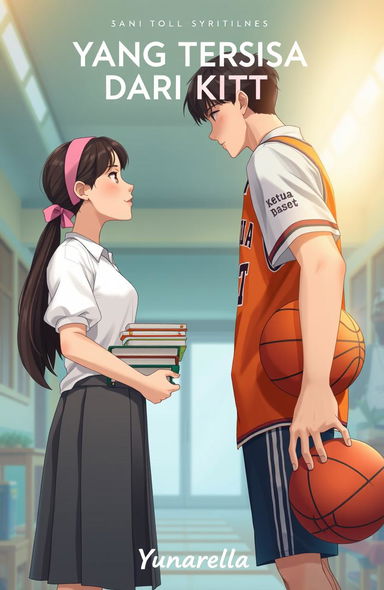 A high school setting featuring a girl in a white blouse and grey skirt, with long hair tied back in a pink hairband, holding a stack of books in front of her