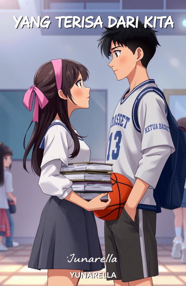 A high school setting featuring a girl in a white blouse and grey skirt, with long hair tied back in a pink hairband, holding a stack of books in front of her
