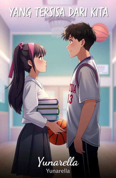 A high school setting featuring a girl in a white blouse and grey skirt, with long hair tied back in a pink hairband, holding a stack of books in front of her