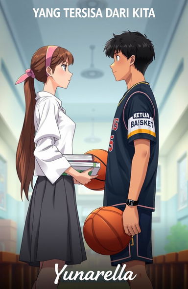 A high school setting featuring a girl in a white blouse and grey skirt, with long hair tied back in a pink hairband, holding a stack of books in front of her