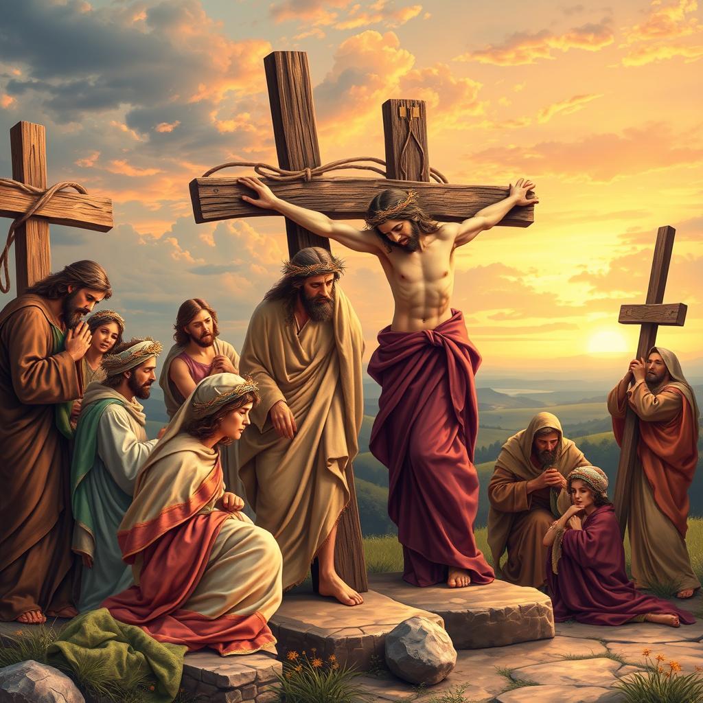 A beautifully detailed depiction of the Stations of the Cross, illustrating all 14 stations in a serene and contemplative atmosphere