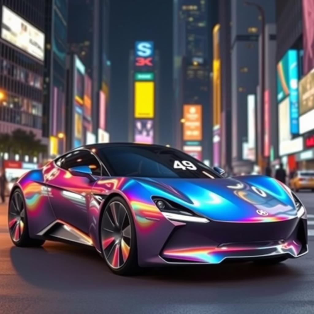 A sleek, futuristic car with a unique design, parked in an urban environment, surrounded by neon lights at night