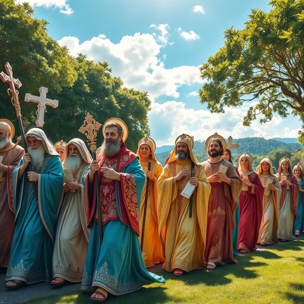 A vibrant procession of saints, featuring an array of beautifully adorned figures resembling historical and mythical saints from various cultures