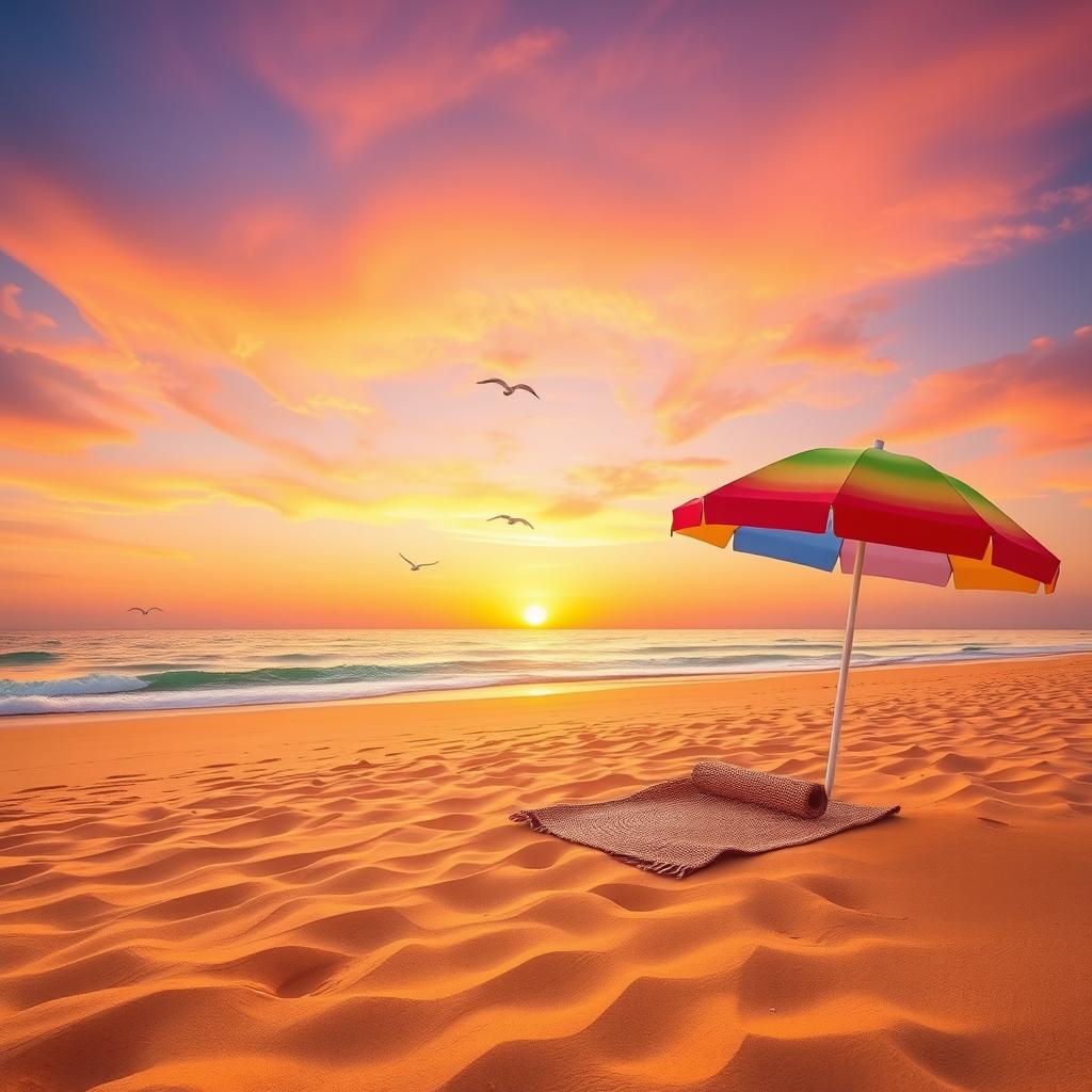 A serene beach scene at sunset, showcasing a vast expanse of golden sand stretching toward gentle waves lapping at the shore