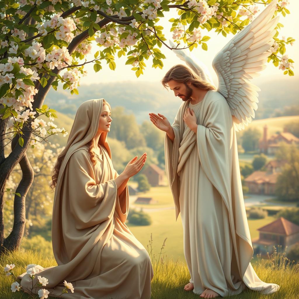 A beautiful and serene morning scene depicting the Annunciation, featuring the angel Gabriel delivering a message to the Virgin Mary